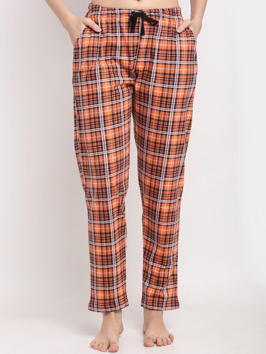 kanvin women orange & black checked pure cotton lounge pants