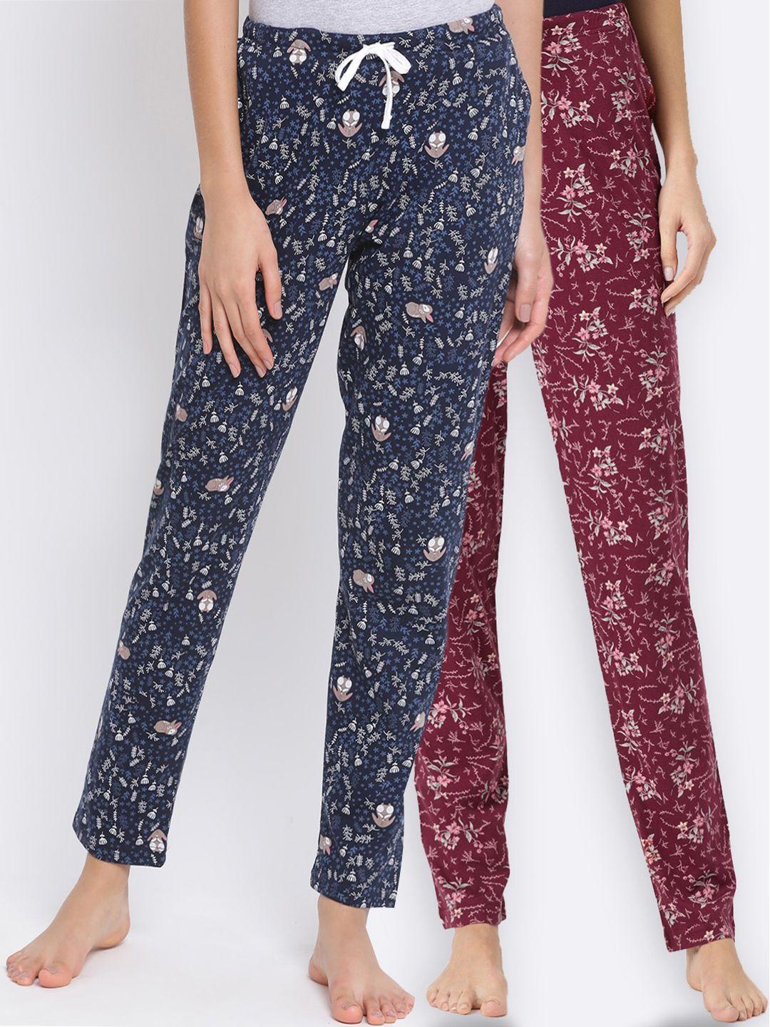 kanvin women pack of 2 printed pure cotton lounge pants