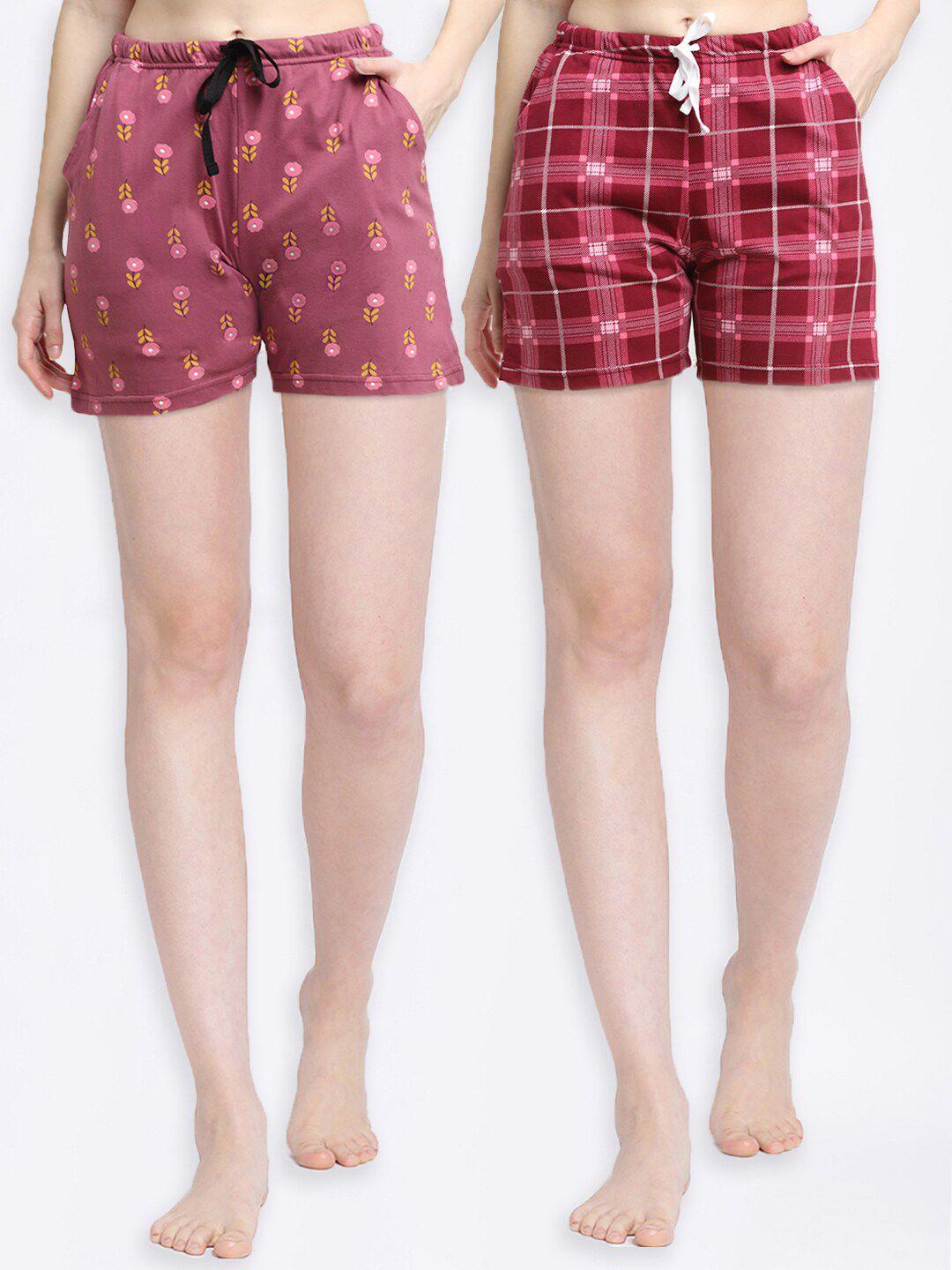 kanvin women peach-coloured & maroon set of 2 printed cotton lounge shorts