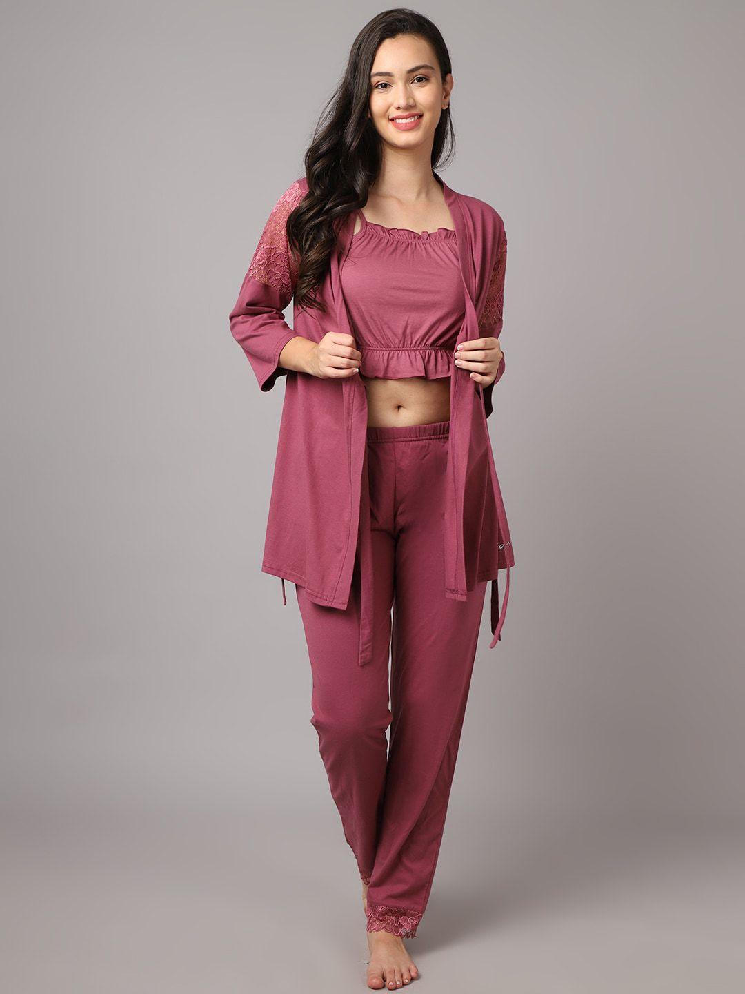 kanvin women peach solid cotton blend night suit