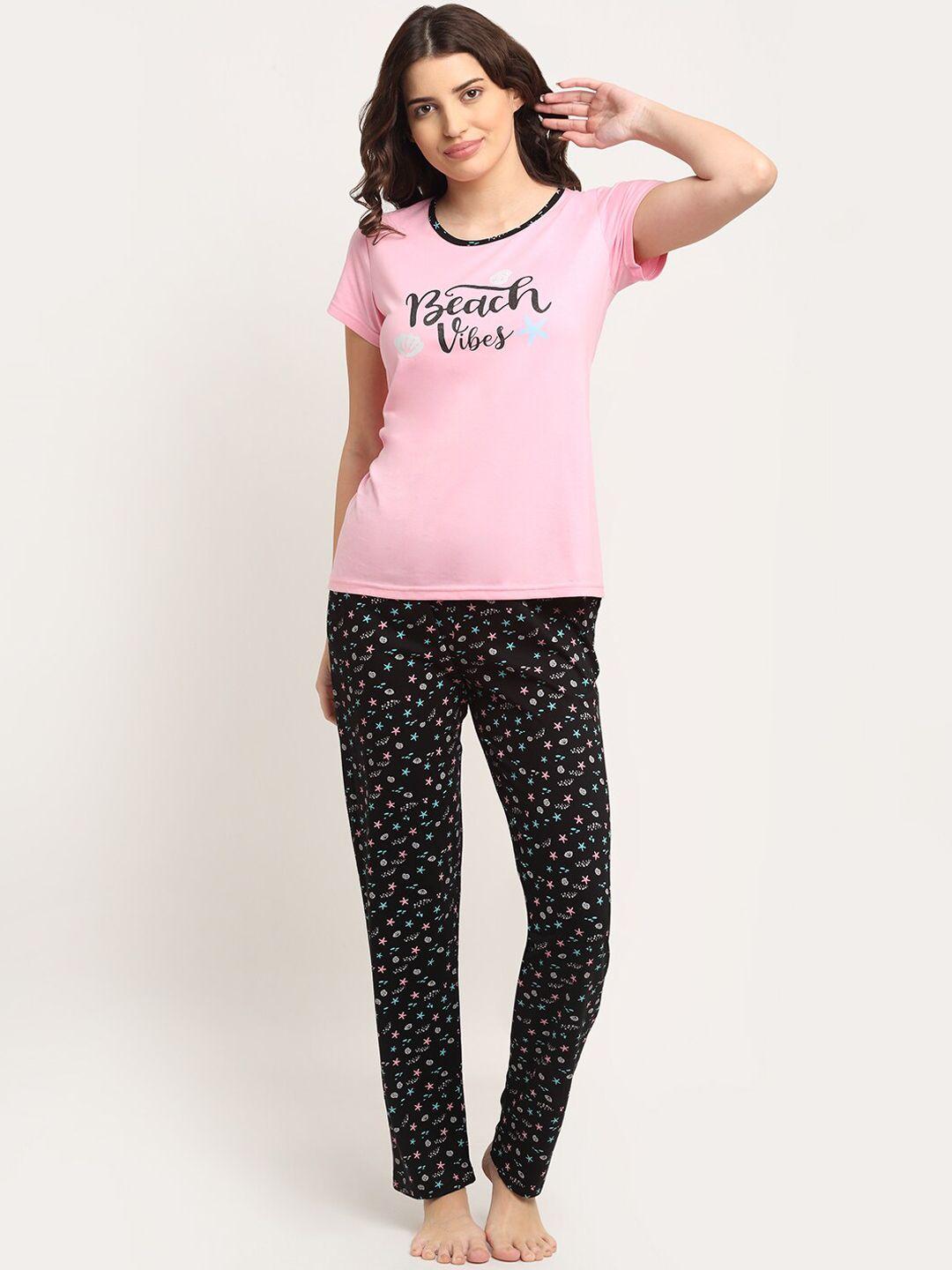 kanvin women pink & black printed night suit