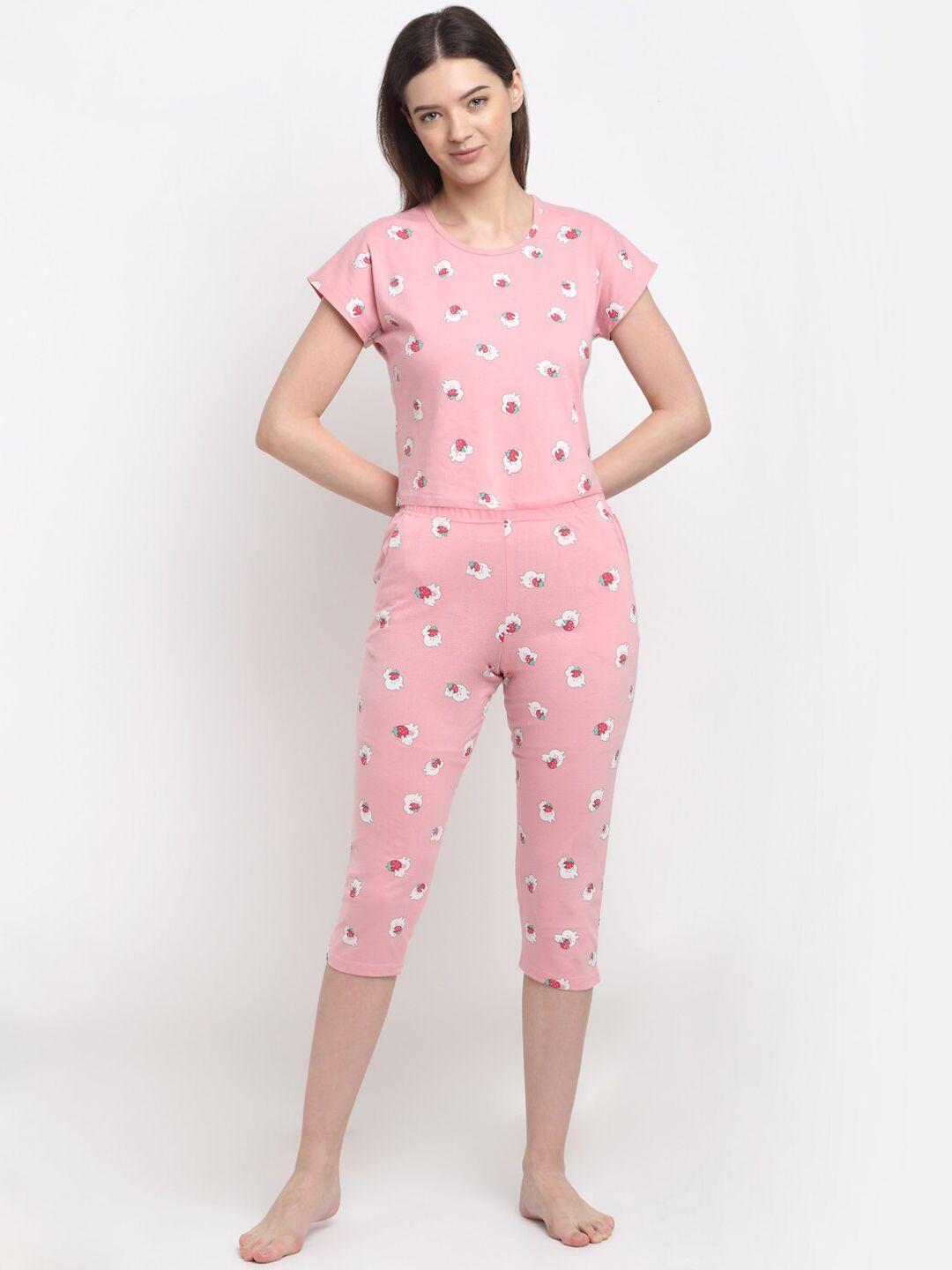 kanvin women pink & white printed cotton night suit