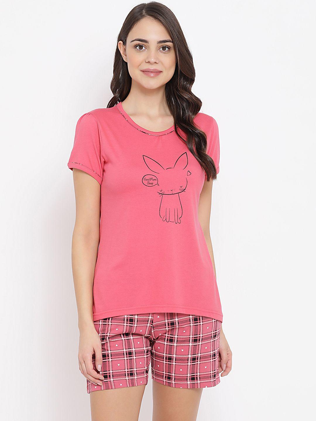 kanvin women pink printed tshirts with checked shorts night suit