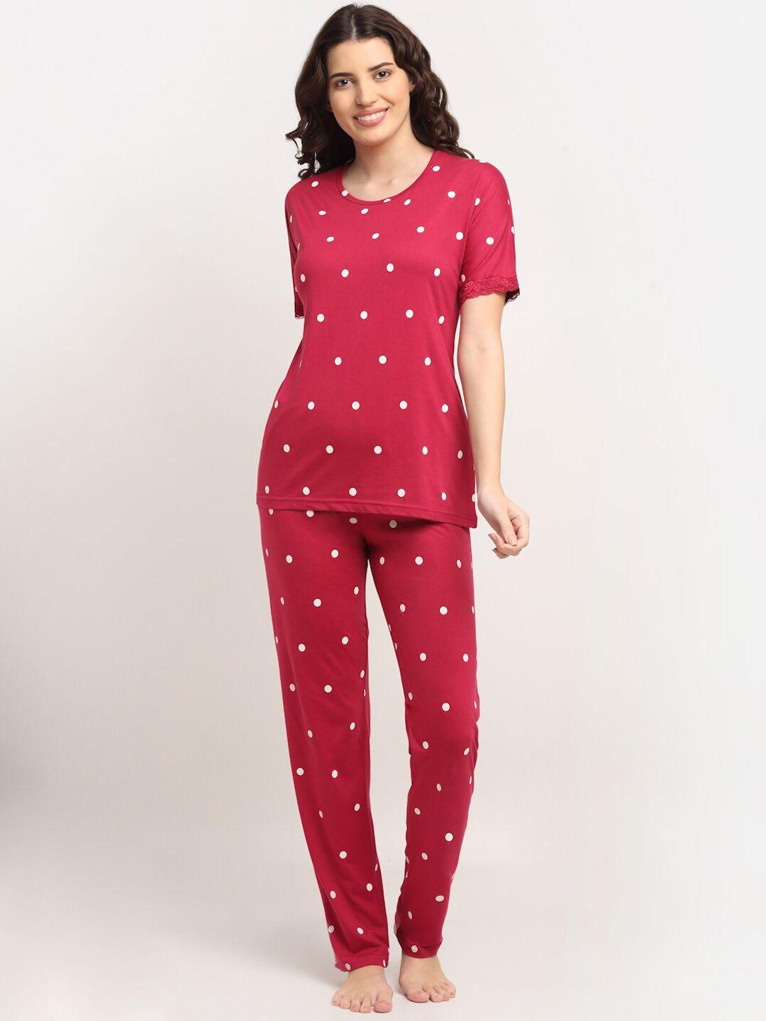 kanvin women red & white polka dots printed night suit