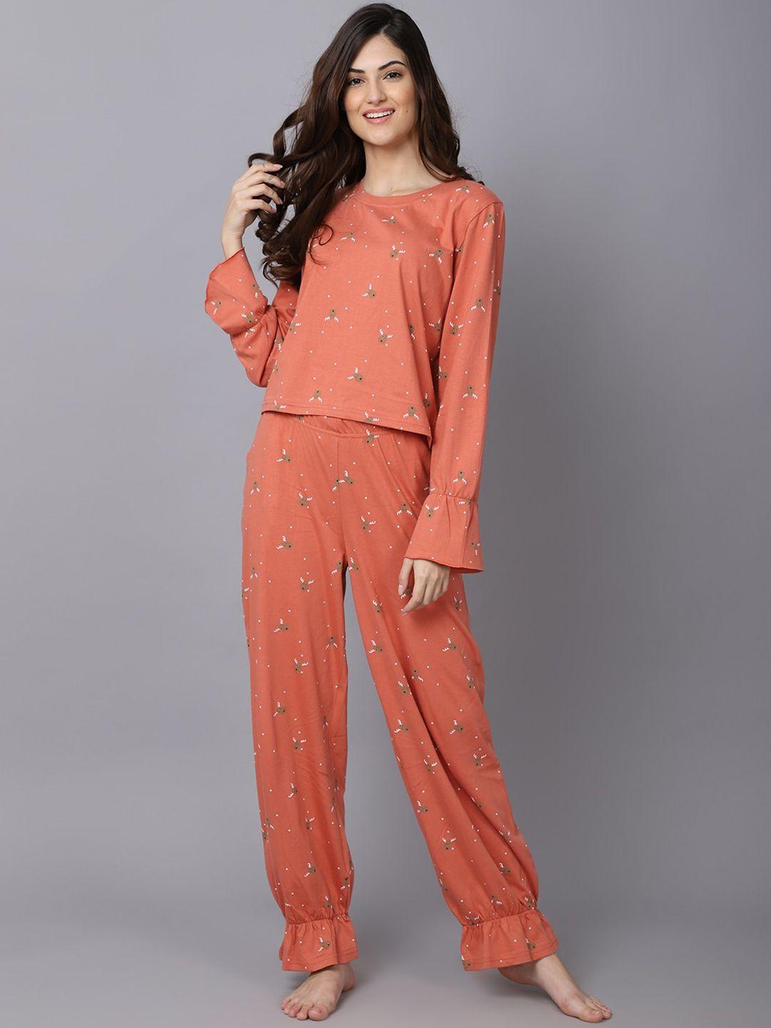 kanvin women rust & brown printed night suit