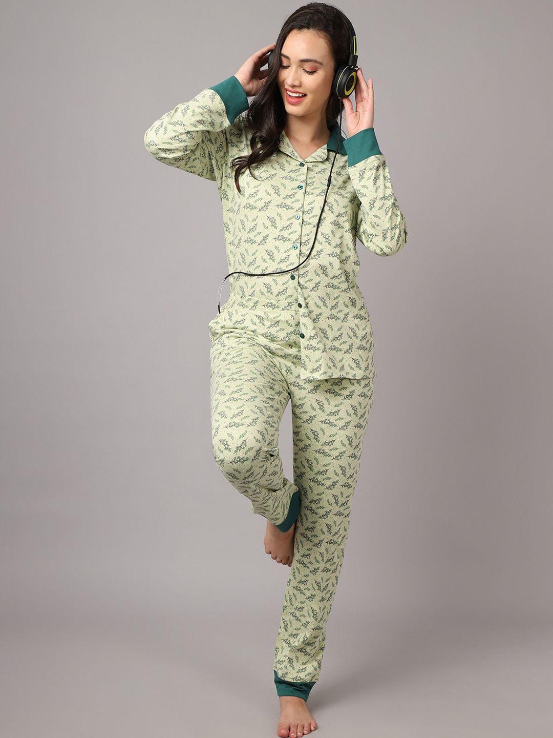 kanvin women sea green printed night suit