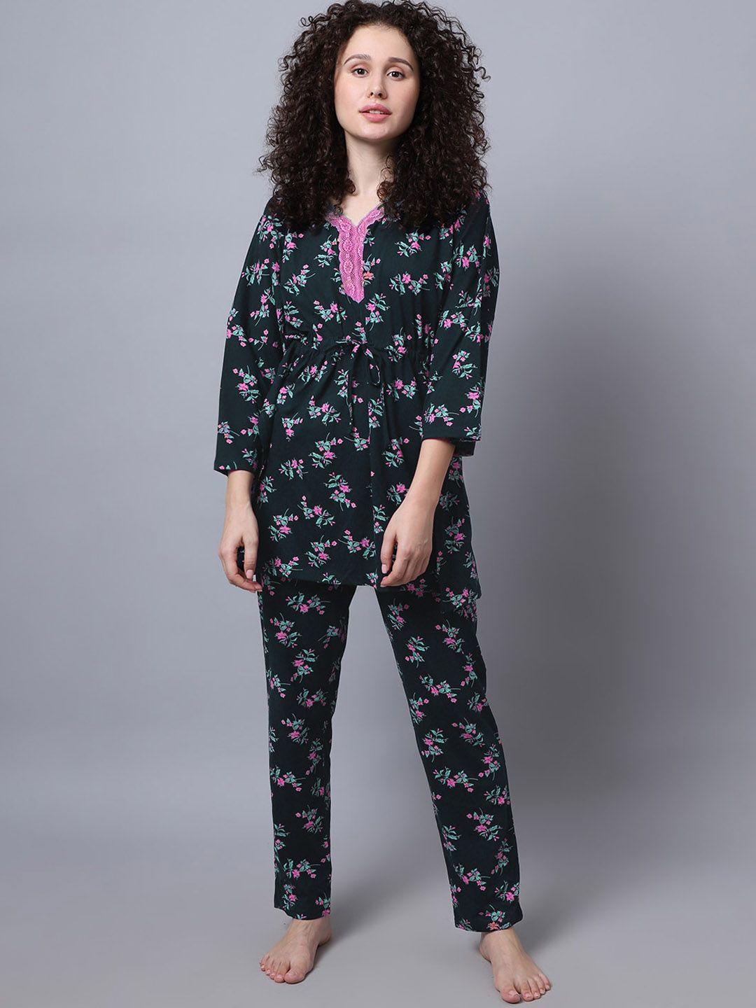 kanvin women teal and pink floral printed night suit