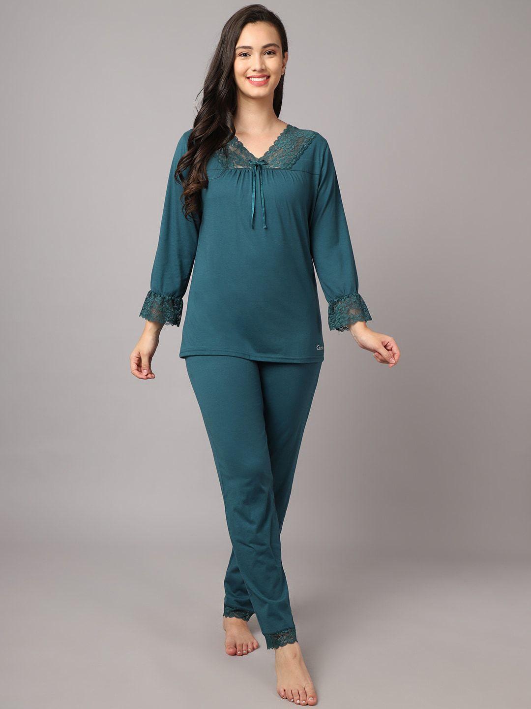 kanvin women teal solid night suit
