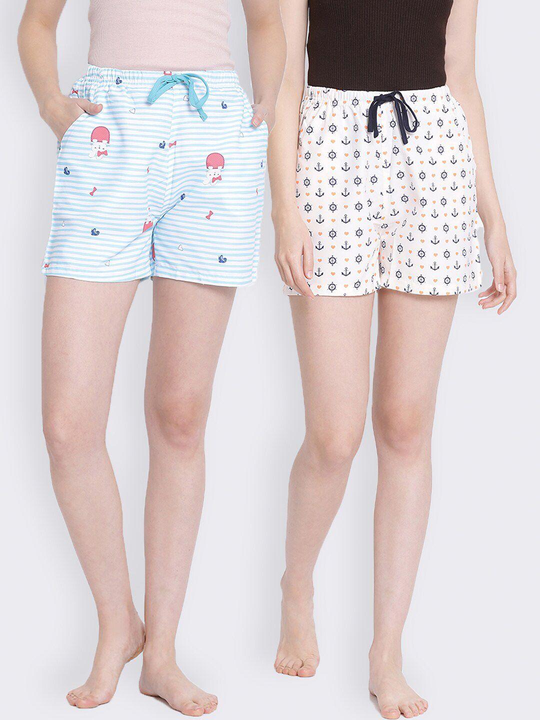 kanvin women white & blue 2 printed lounge shorts