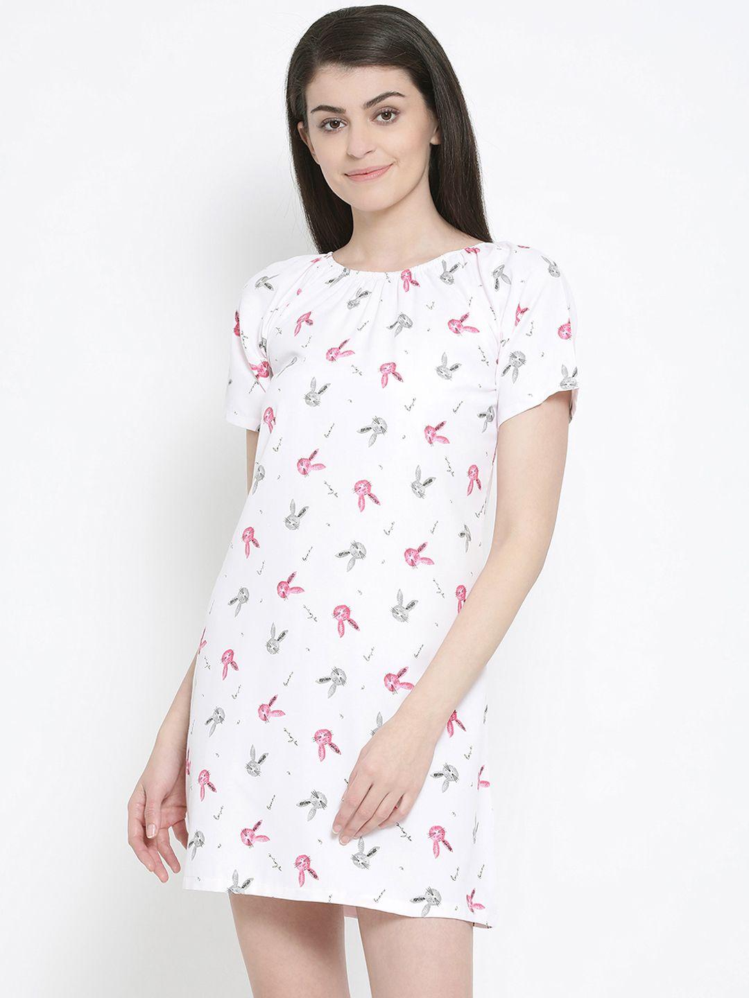 kanvin women white & pink printed sleep shirt mjkss20209a