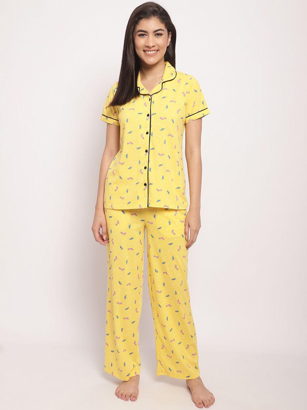 kanvin yellow & blue conversational printed pure cotton night suit