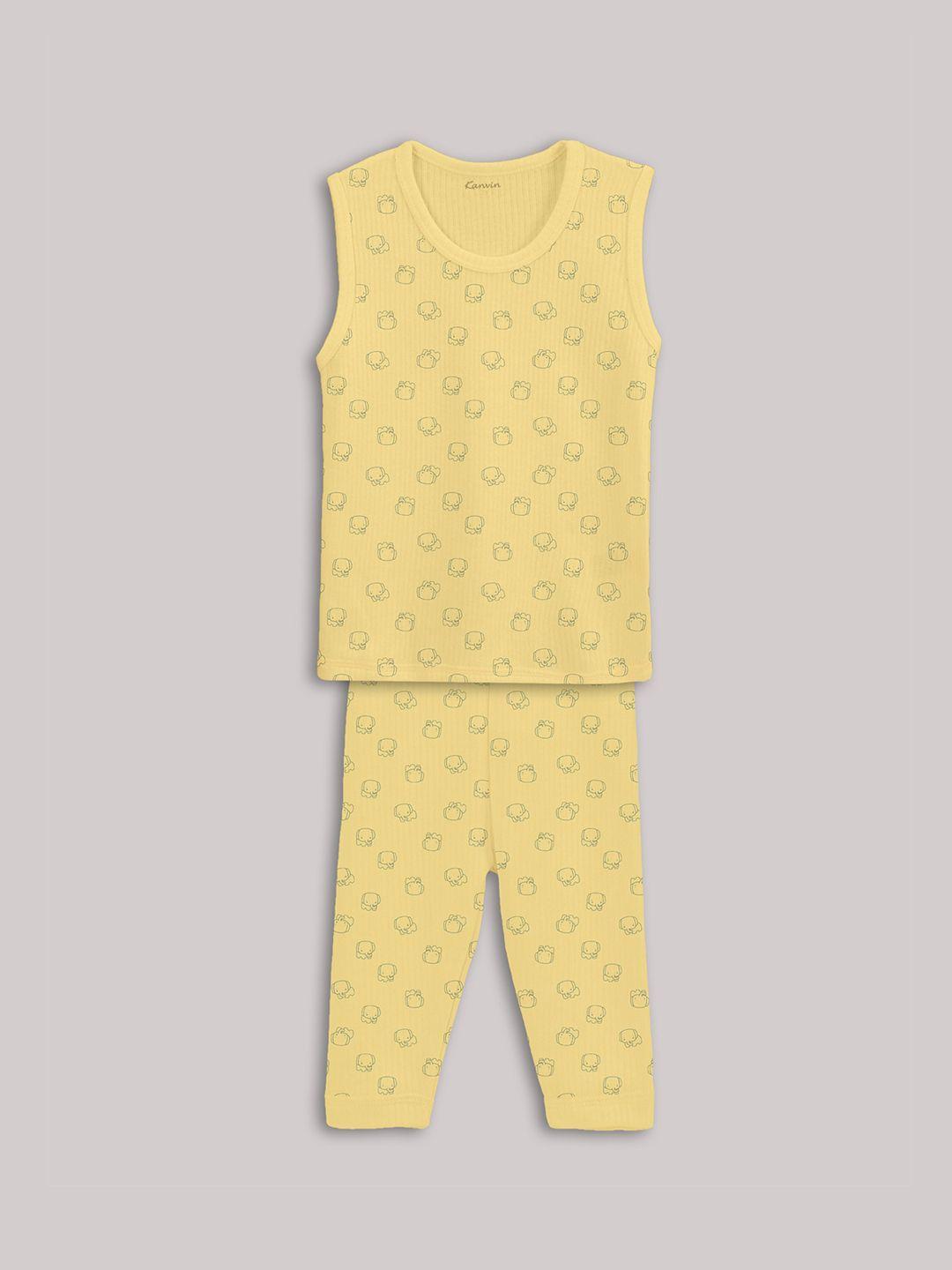 kanvin yellow boys printed sleeveless thermal set