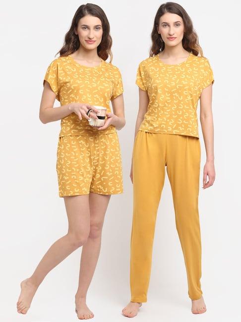 kanvin yellow printed crop top with pyjamas and shorts
