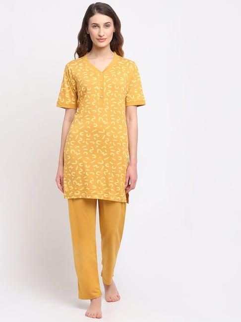 kanvin yellow printed tunic with pyajmas