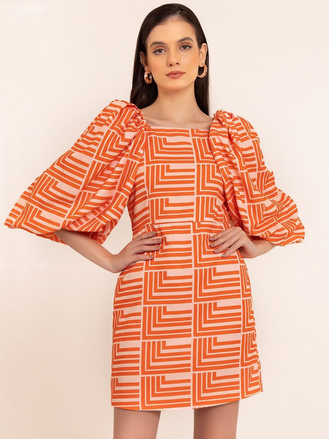 kaori by shreya agarwal geometric printed puff sleeve a-line dress
