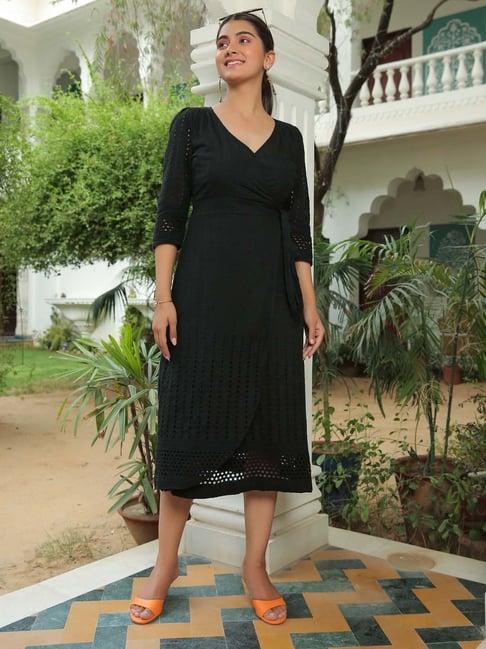 kaori by shreya agarwal black cotton self pattern a-line dress