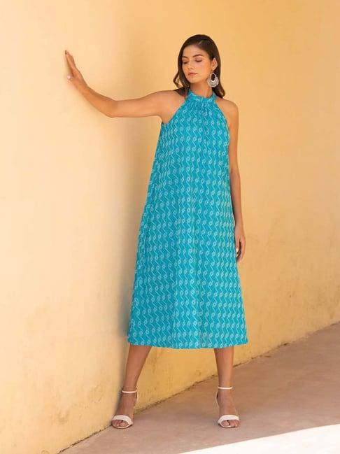 kaori by shreya agarwal blue cotton embroidered a-line dress