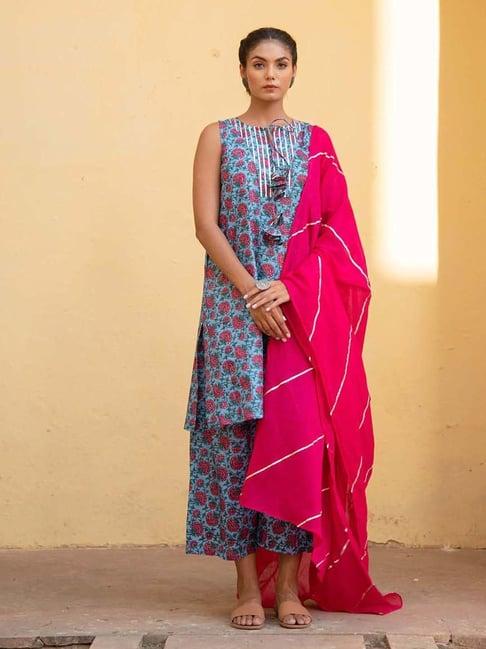 kaori by shreya agarwal blue cotton printed kurta palazzo set with dupatta