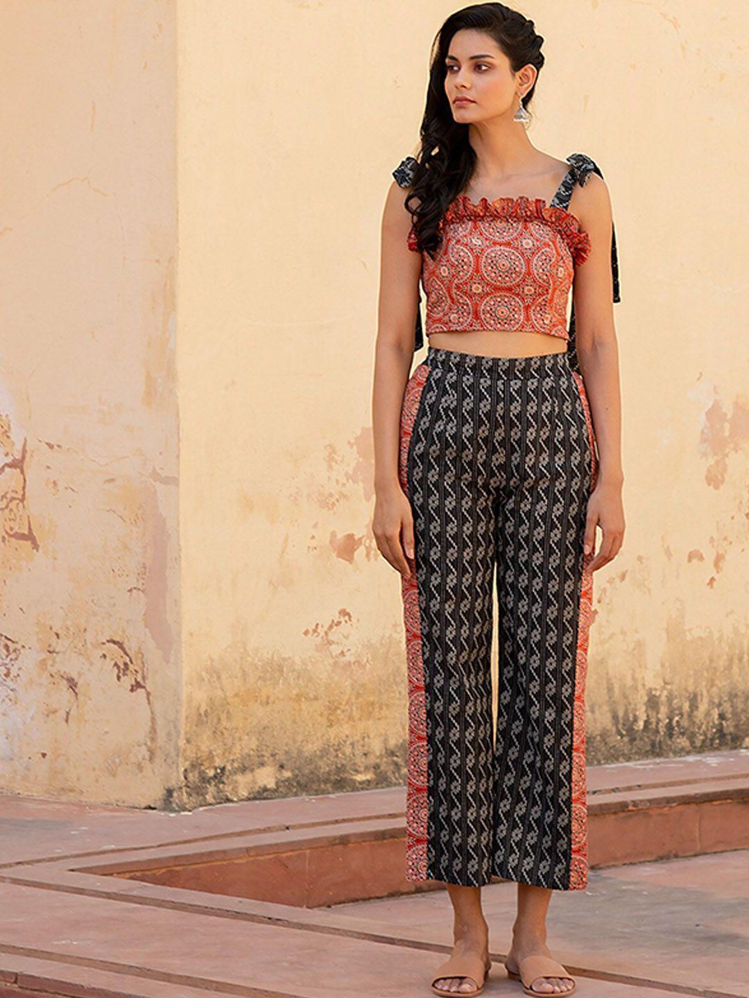 kaori by shreya agarwal cotton ajrakh printed shoulder tie-up top & trousers co-ords set