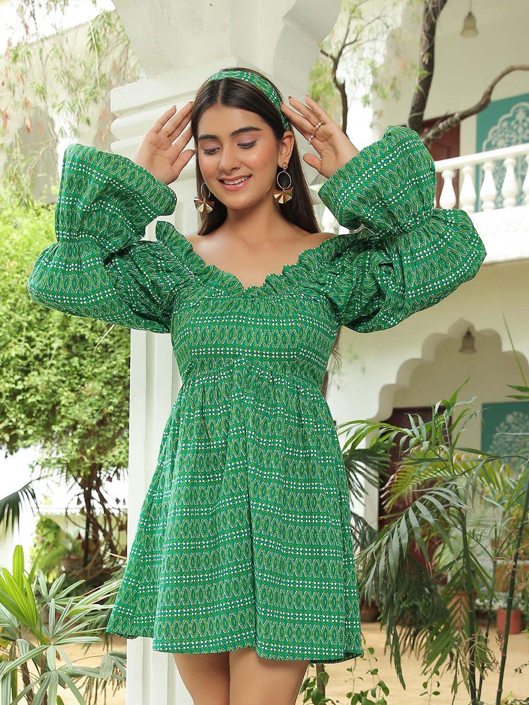 kaori by shreya agarwal ethnic motifs printed v-neck puff sleeves cotton fit & flare dress