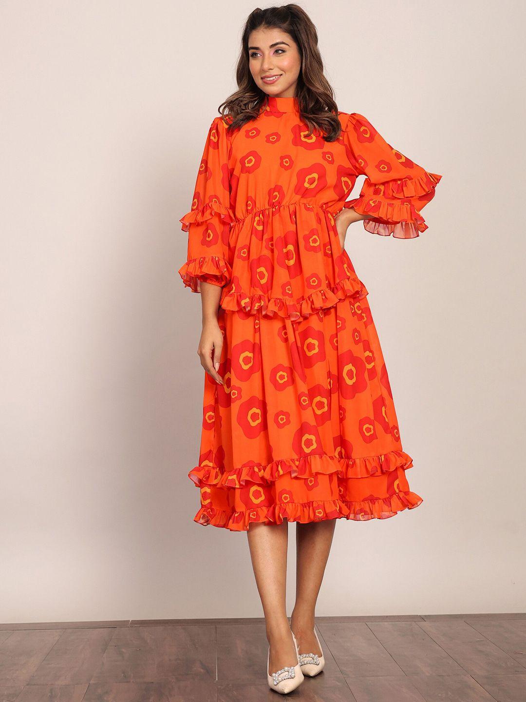 kaori by shreya agarwal floral print bell sleeve georgette a-line midi dress