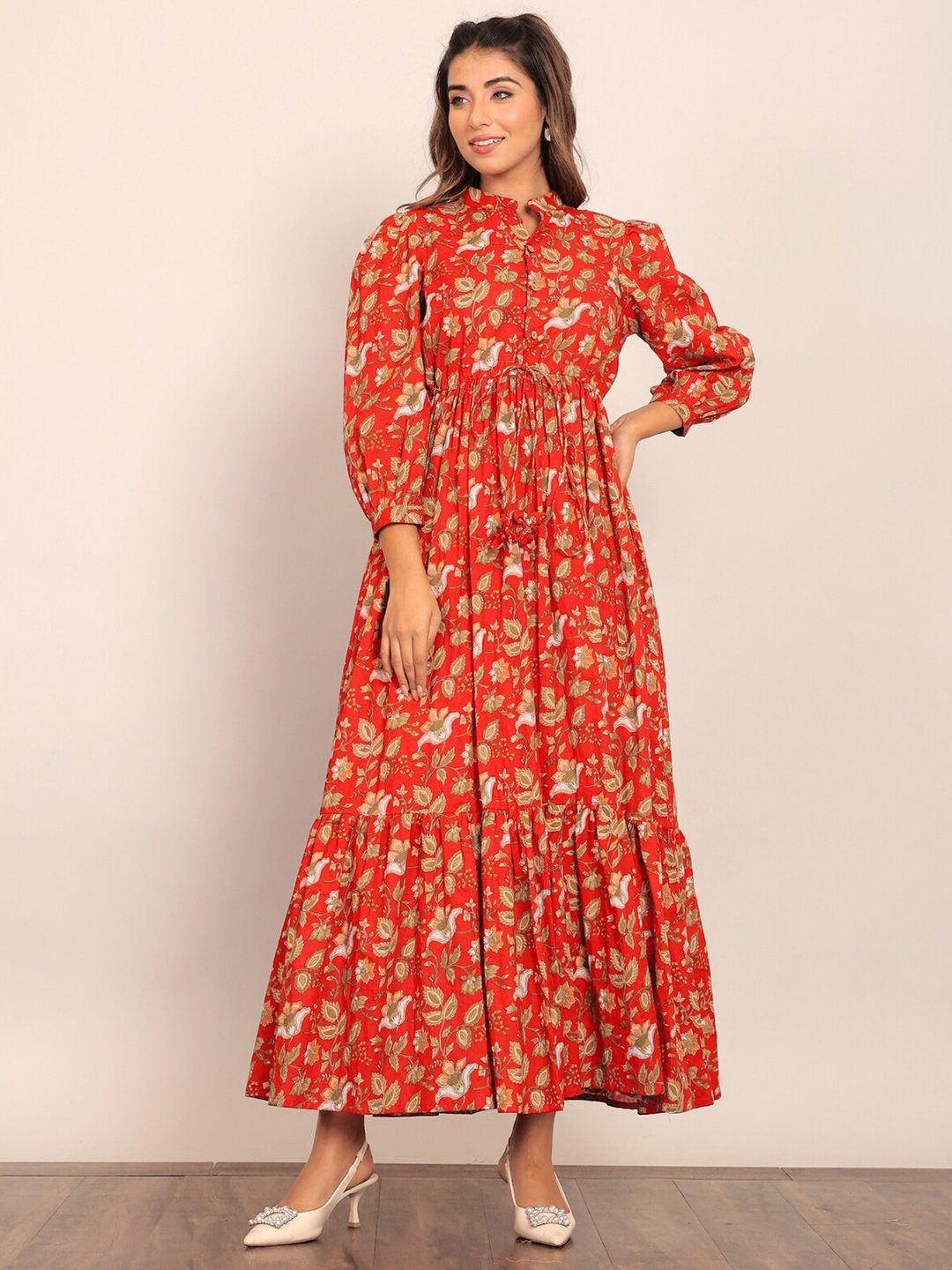 kaori by shreya agarwal floral print tie-up neck puff sleeve maxi midi dress