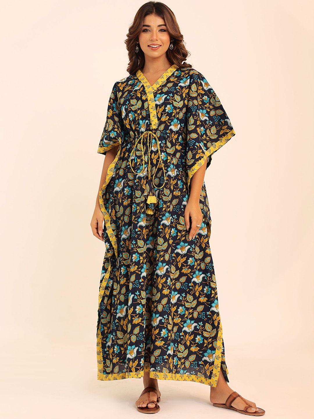 kaori by shreya agarwal floral printed flared sleeves cotton thread work kaftan kurta