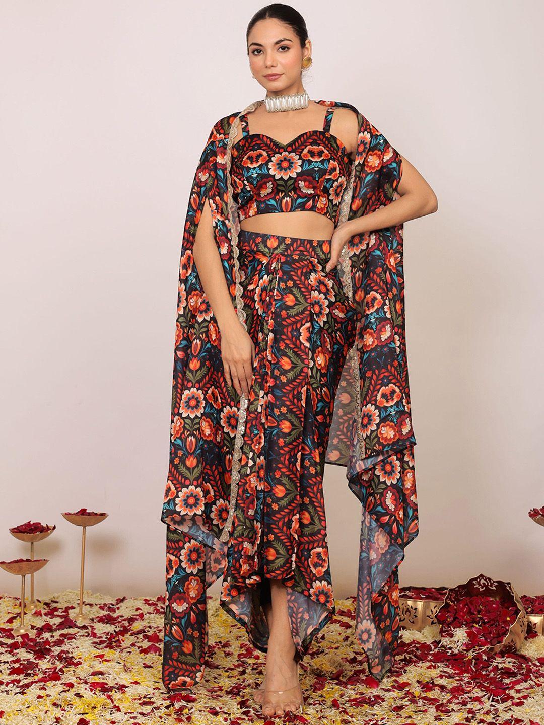 kaori by shreya agarwal floral printed top & skirt with shrug co-ords