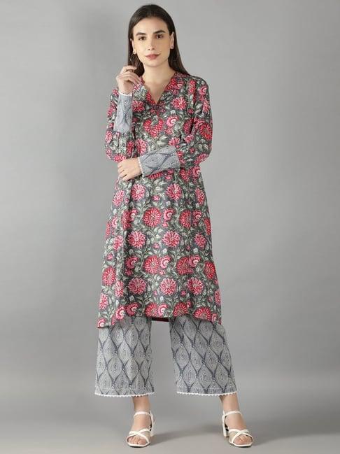 kaori by shreya agarwal grey cotton printed kurta palazzo set
