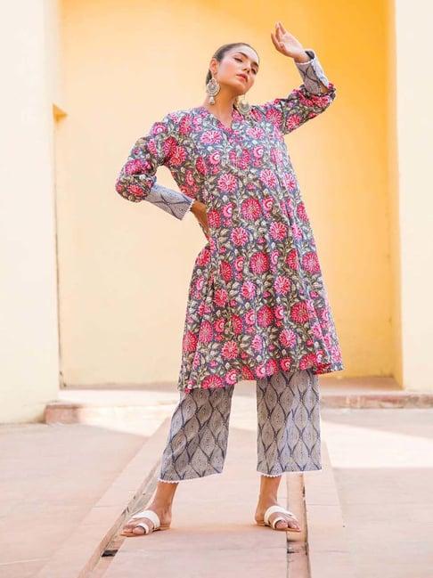 kaori by shreya agarwal grey cotton printed kurta palazzo set