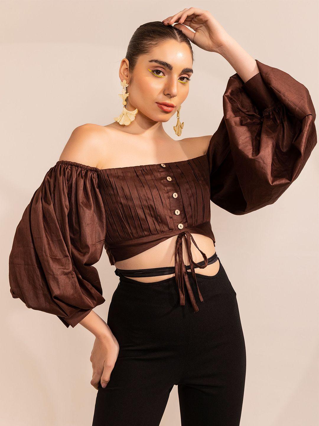 kaori by shreya agarwal off-shoulder puff sleeve bardot crop top