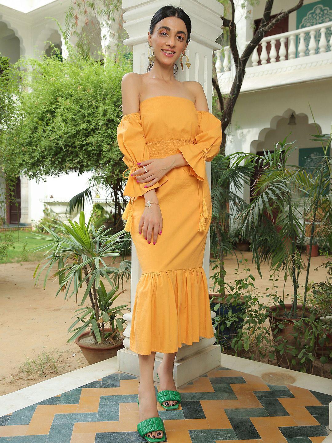 kaori by shreya agarwal off-shoulder smocked sheath dress