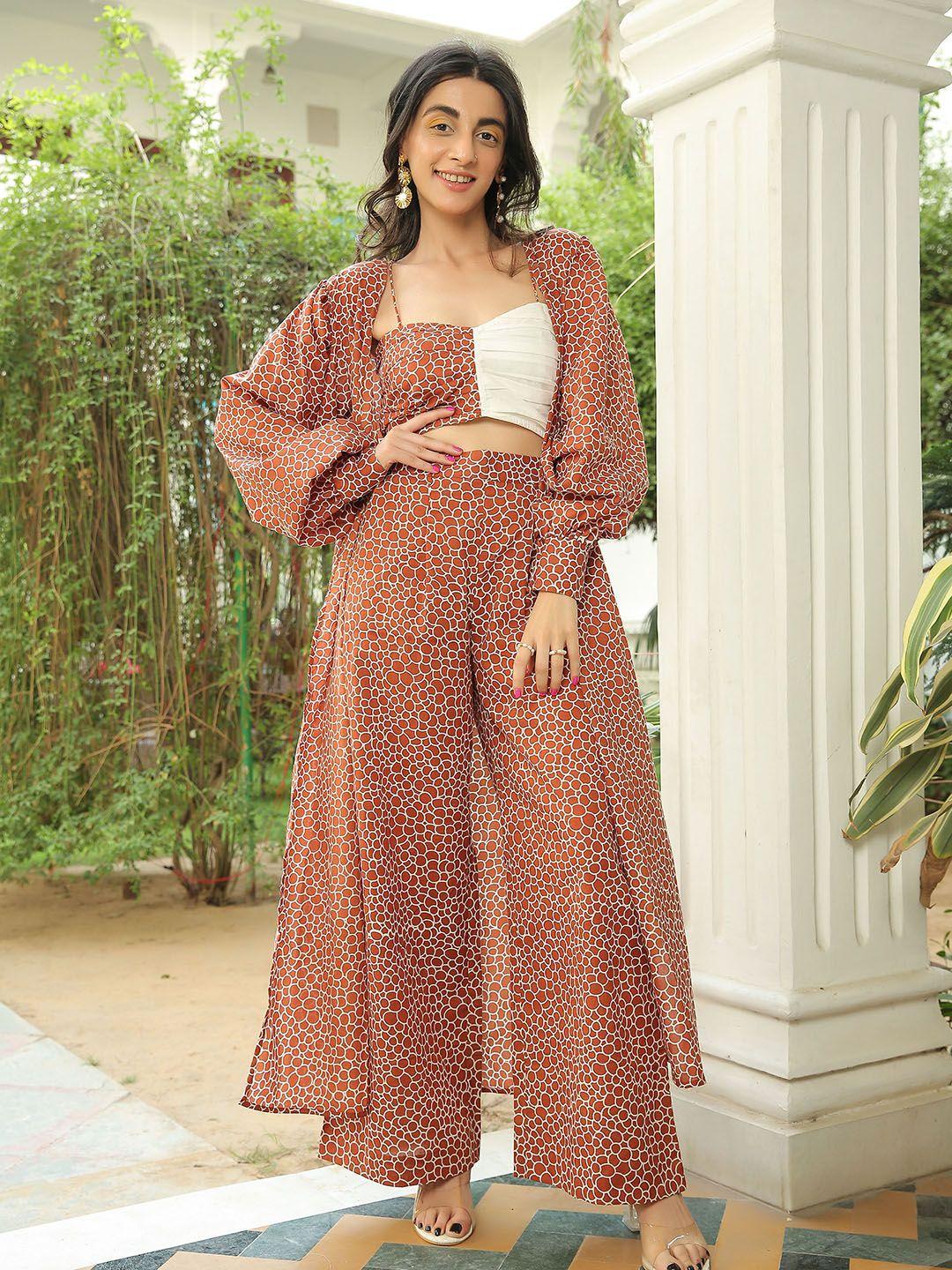 kaori by shreya agarwal printed pure cotton top & trousers with shrug