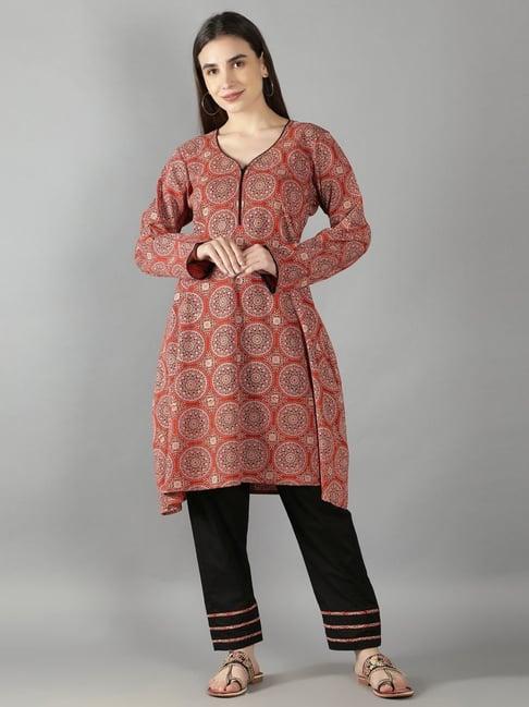 kaori by shreya agarwal rust & black cotton printed kurta pant set