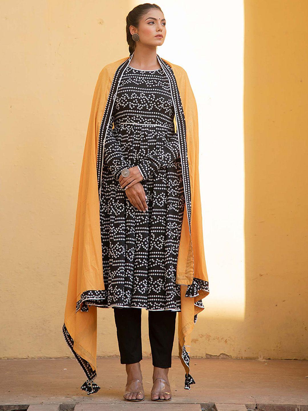 kaori by shreya agarwal women black bandhani printed regular pure cotton top with trousers & with dupatta