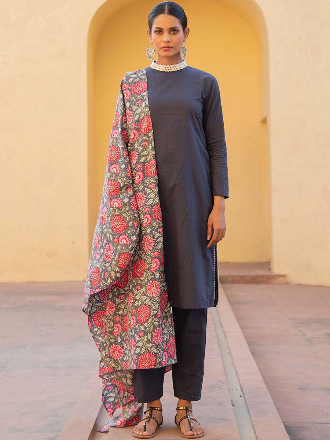 kaori by shreya agarwal women navy blue regular pure cotton top with trousers & with dupatta