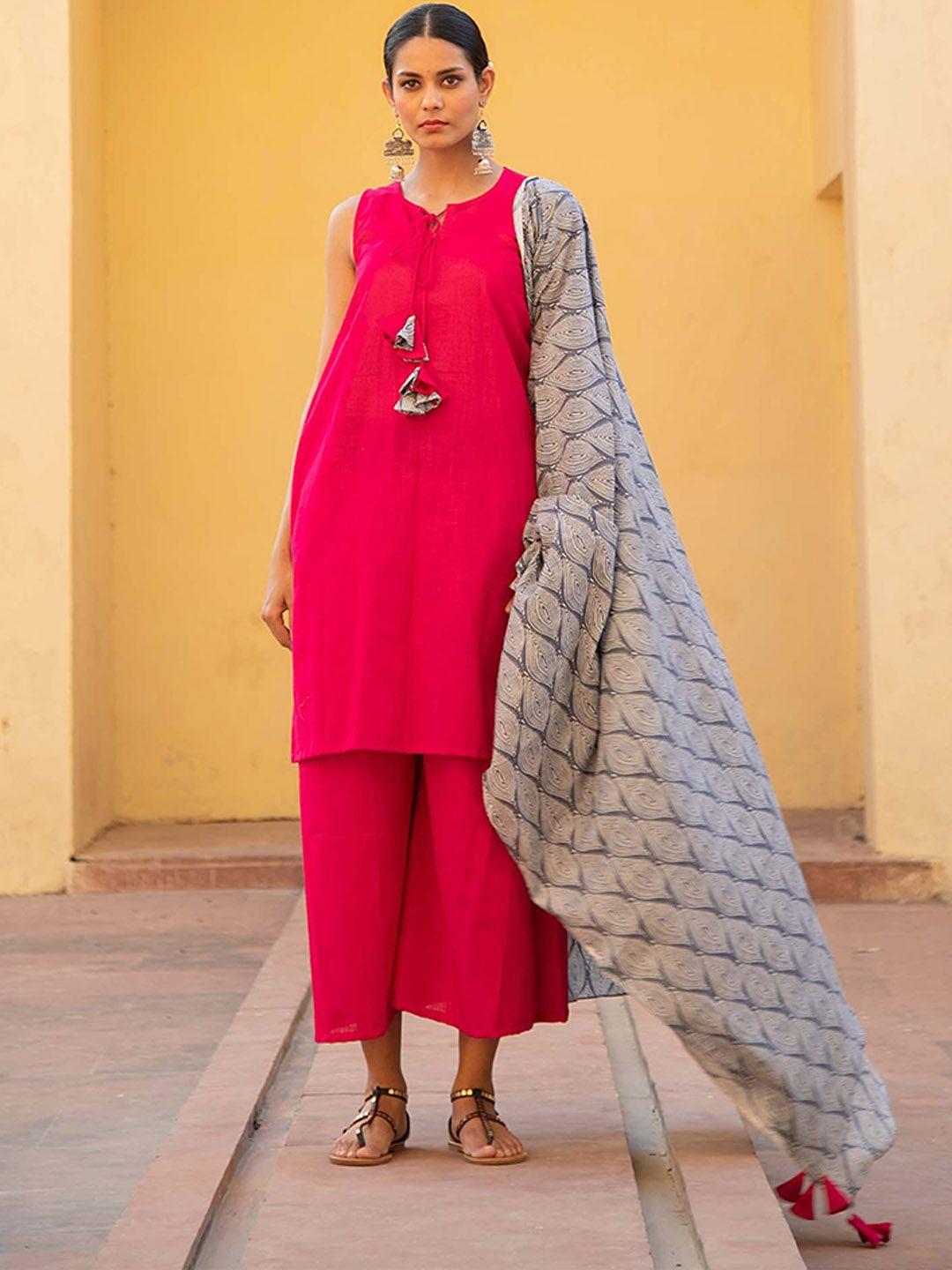 kaori by shreya agarwal women pink regular pure cotton top with palazzos & with dupatta