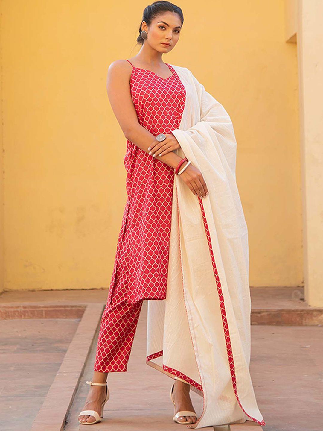 kaori by shreya agarwal women red printed regular pure cotton top with trousers & with dupatta