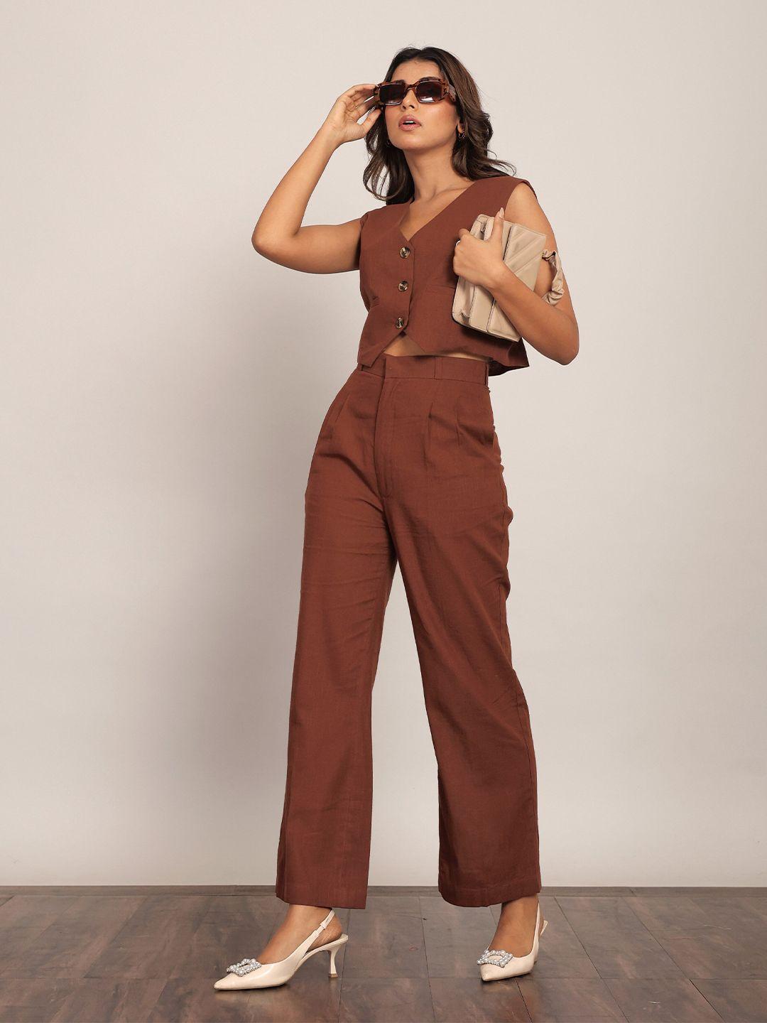 kaori by shreya agarwal women straight fit pleated trousers