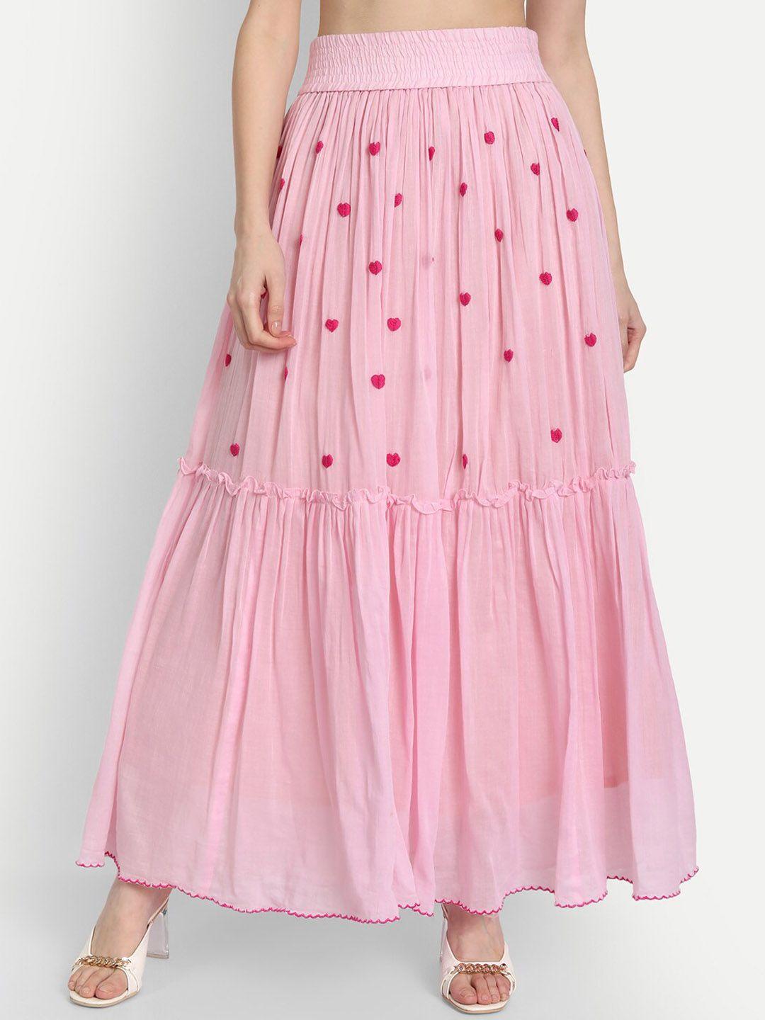 kapasriti  pink embroidered pure cotton maxi tiered skirts