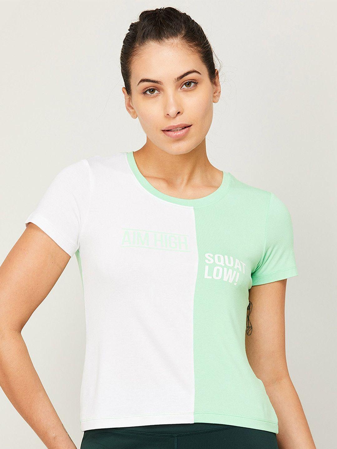 kappa women green & white colourblocked t-shirt