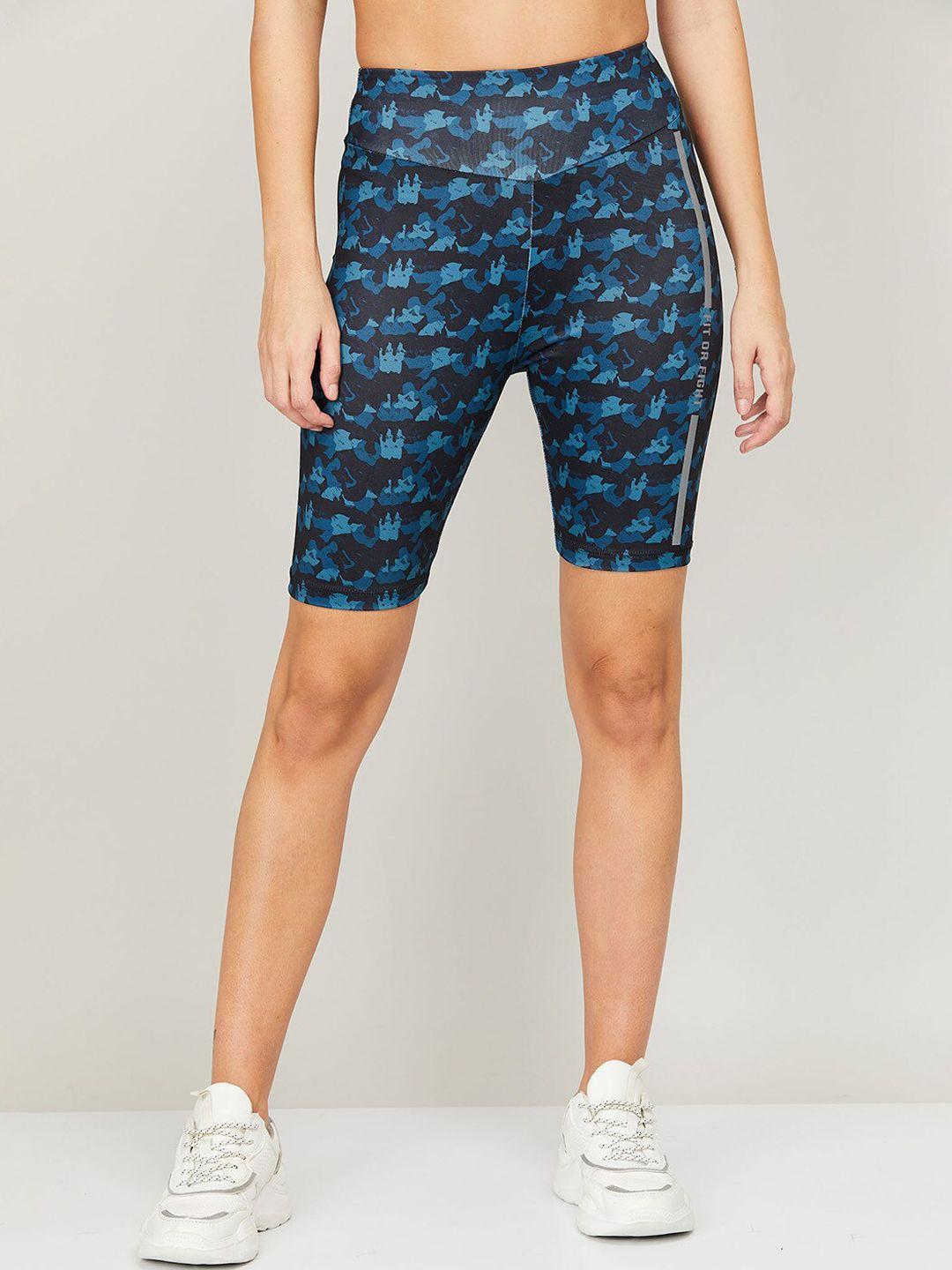 kappa women blue cotton printed high-rise cycling sports shorts