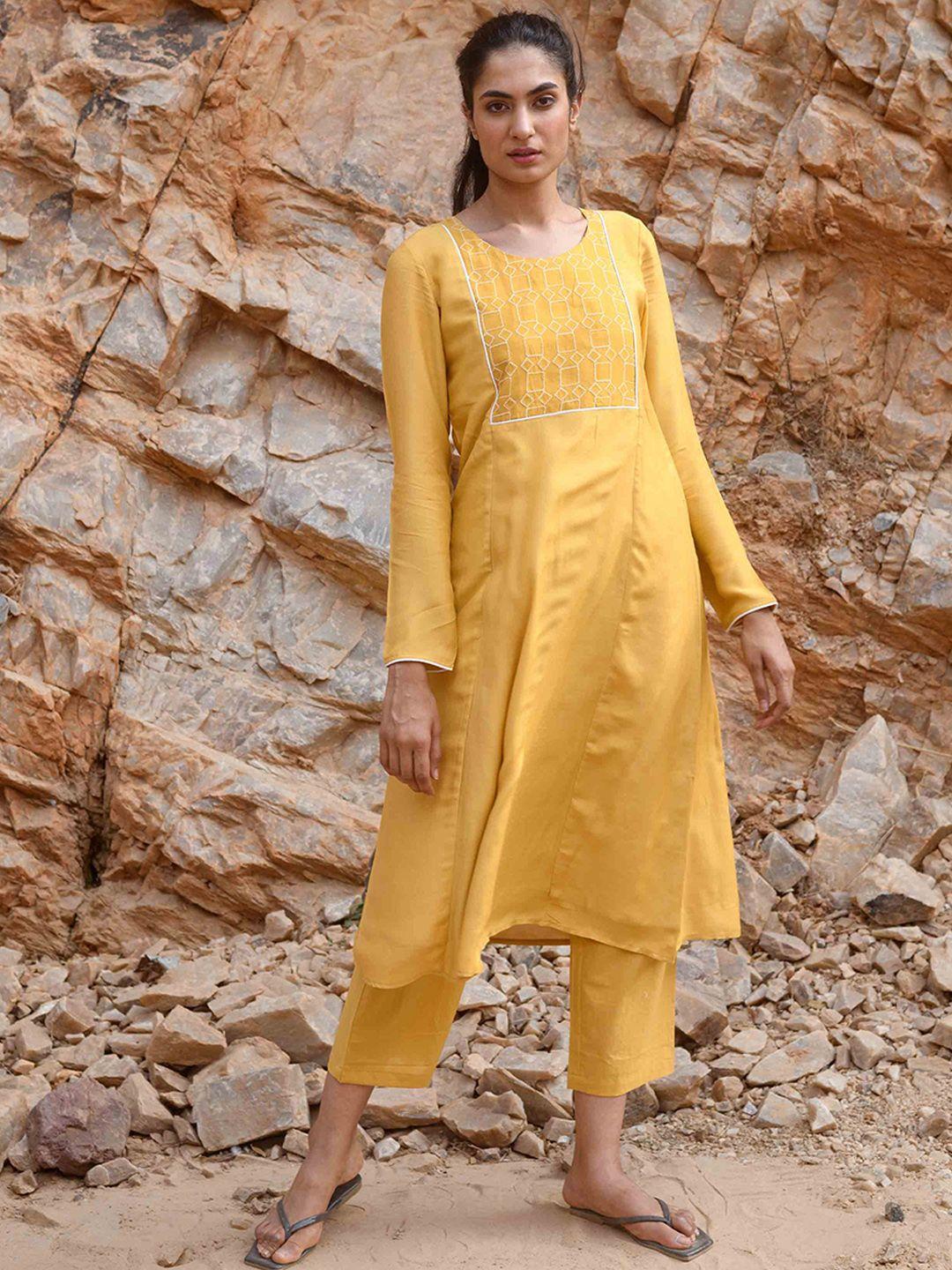 kapraaha women mustard yellow embroidered thread work pure cotton kurta with pyjamas & with dupatta
