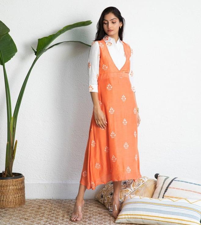 kapraaha orange embroidered shirt dress