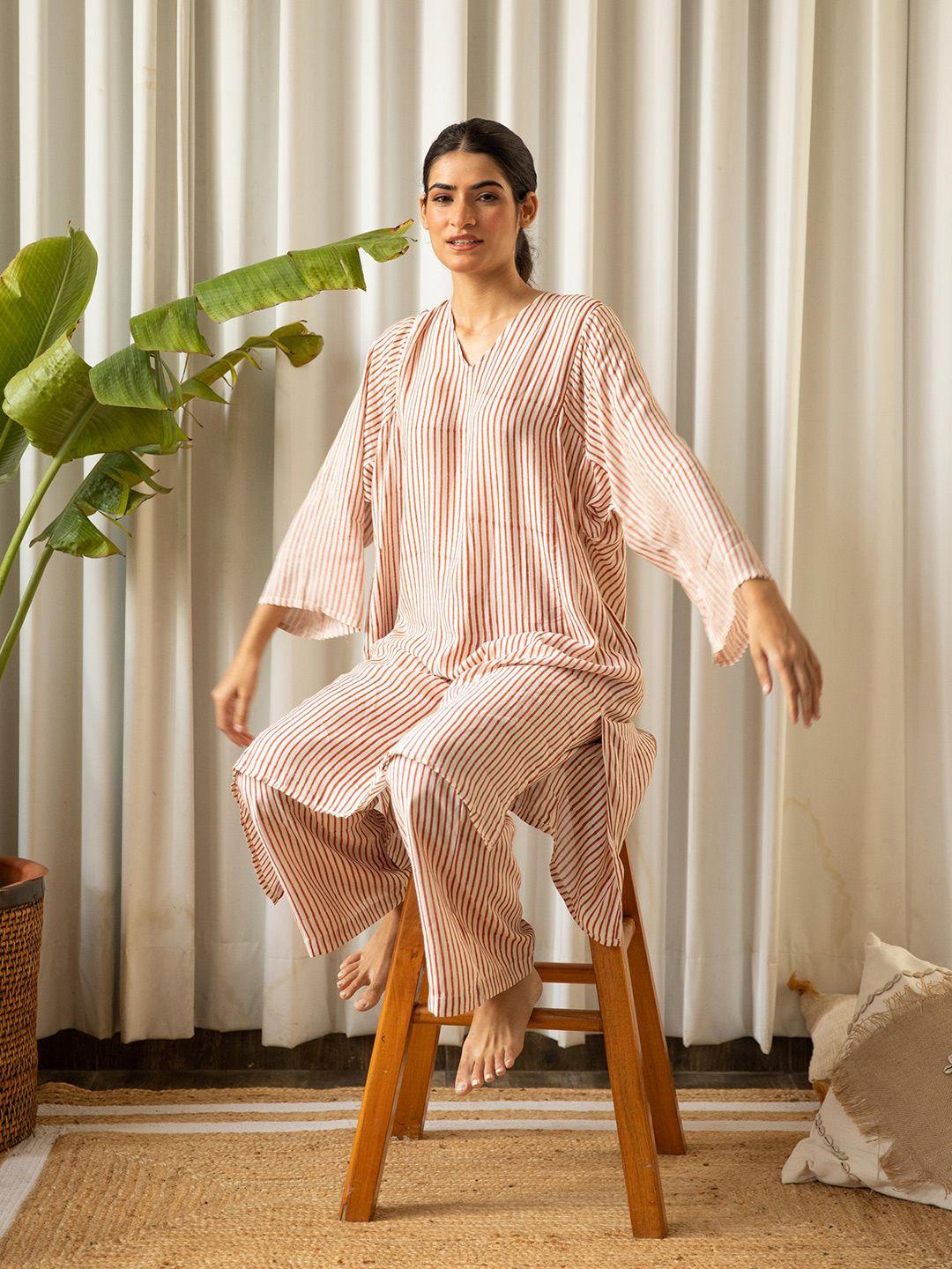 kapraaha striped v-neck cotton straight kurta & trousers