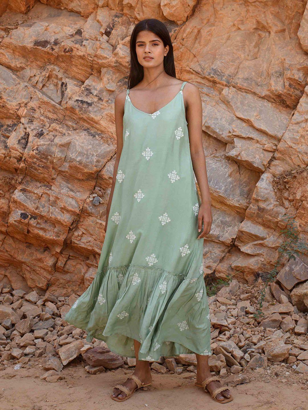 kapraaha women green a-line maxi dress