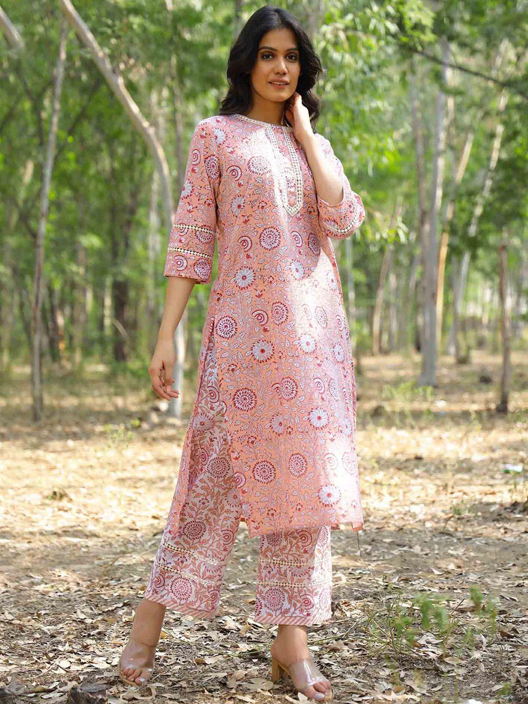 kapraaha women peach-coloured floral printed pure cotton kurta with palazzos & with dupatta