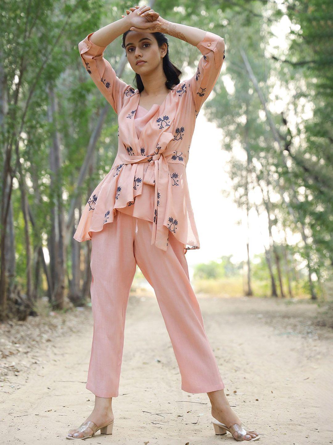 kapraaha women pink printed shrug & pants relaxed-fit co-ord set
