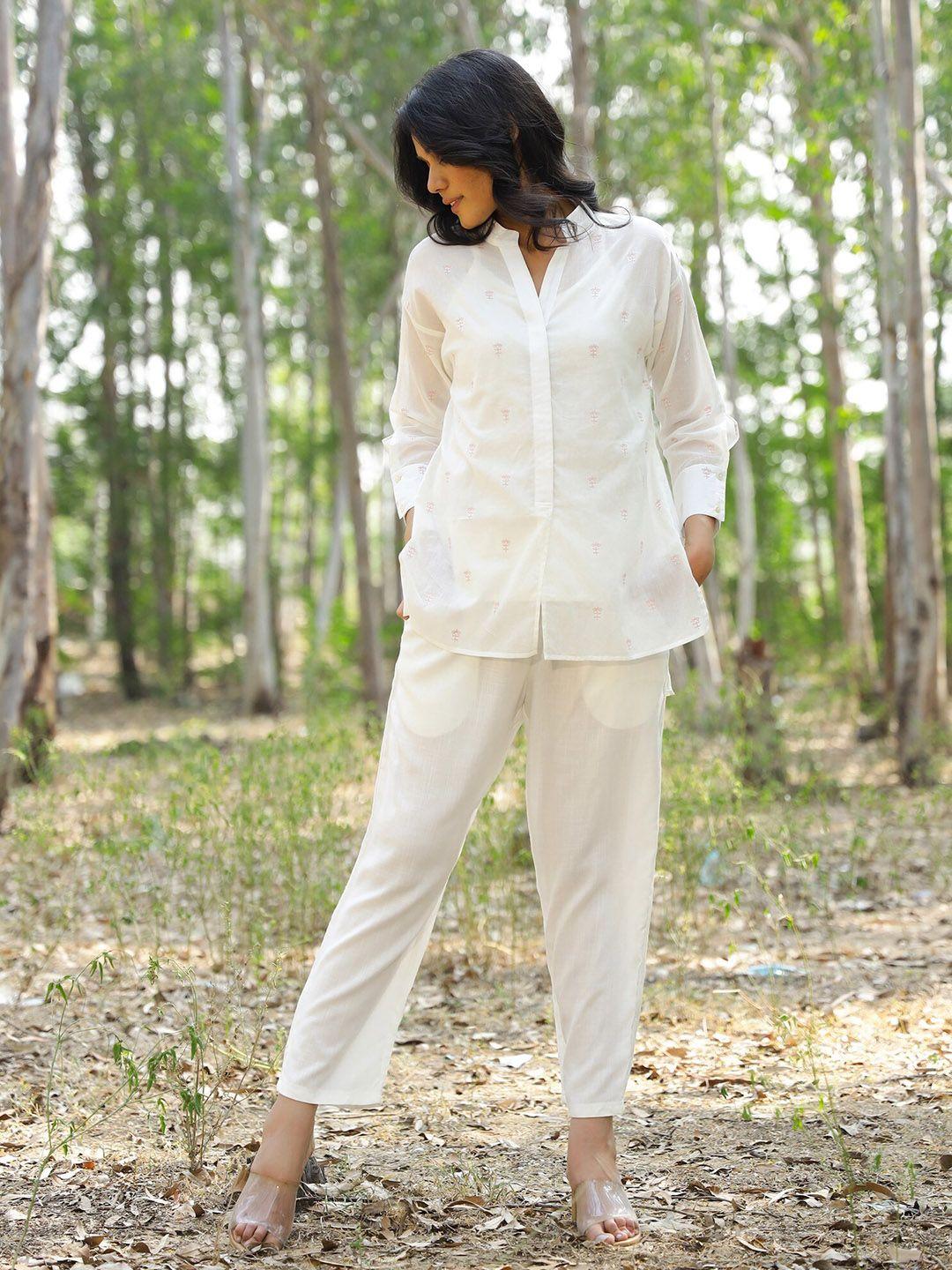 kapraaha women white pure cotton relaxed-fit shirt & trouser co-ord set