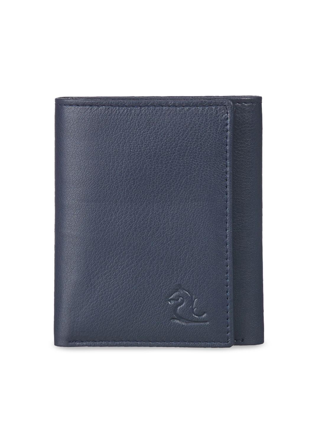 kara men navy blue leather solid three fold wallet